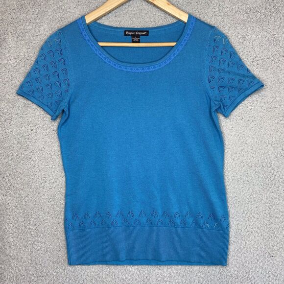 Minimalist Sweater Knit M Cottagecore Dainty Pointelle Blue SS 100% Cotton - Picture 1 of 14